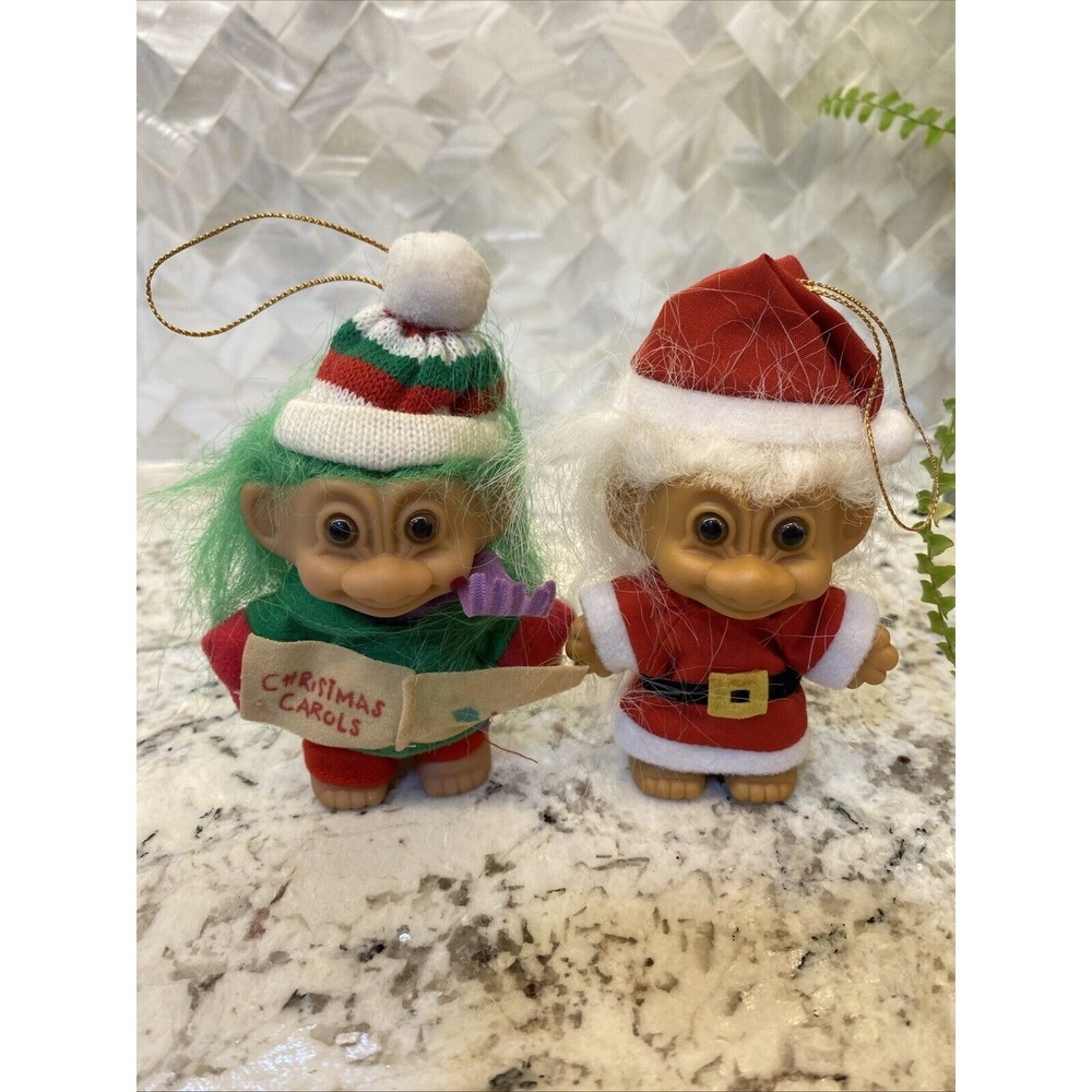Vintage Russ‎ 4" Troll Holiday Ornaments Santa Caroler Lot of 2 Christmas READ